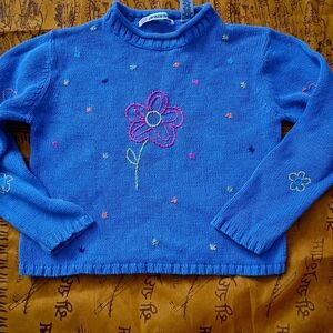 Vintage Kids Blue Sweater with Embroidered Flowers Size Medium (5-6)